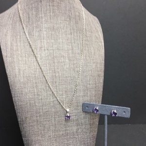 Effe Necklace Earrings Set Purple Rhinestone Silver Chain Pierced Stud Classic